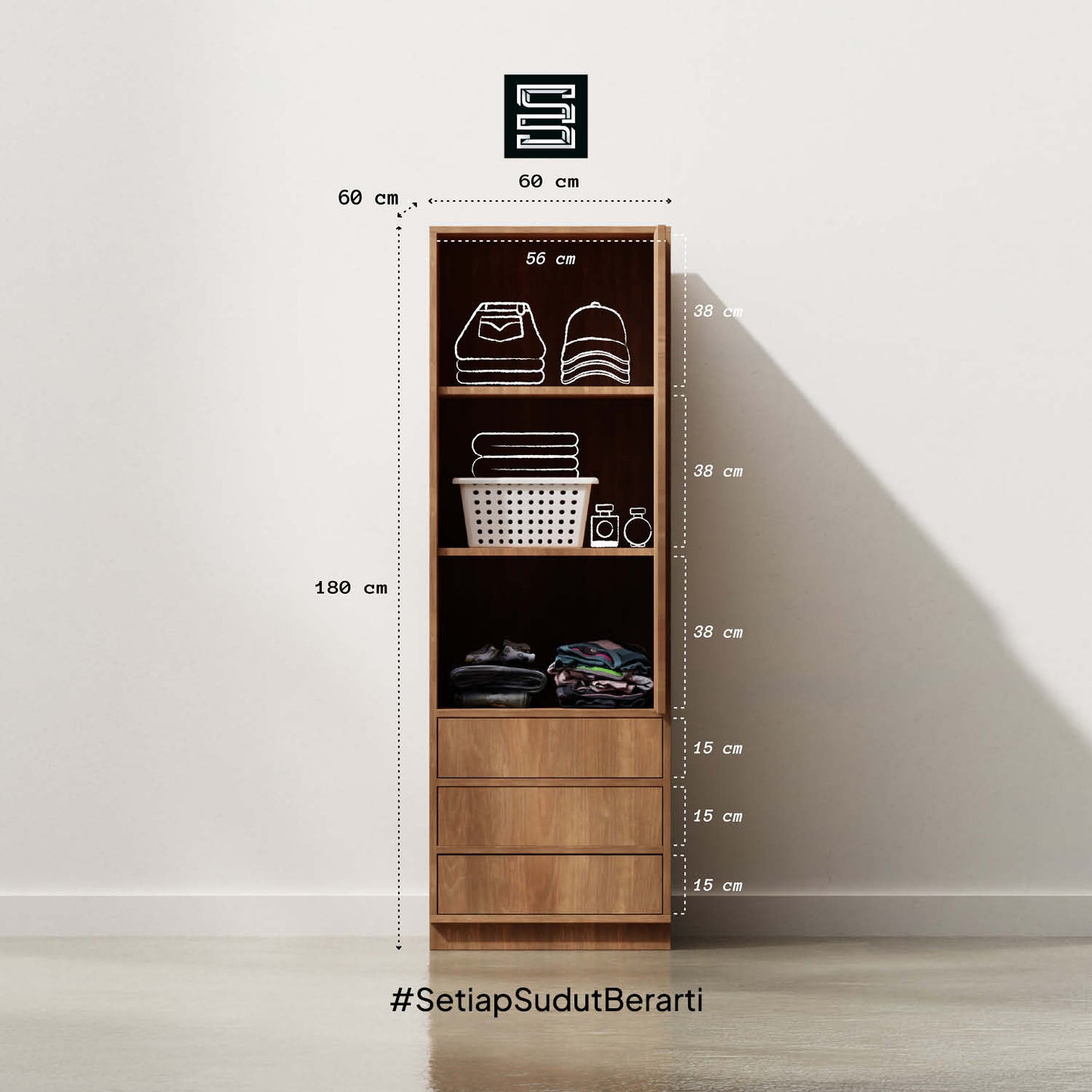 Wadrobe 60x60x180 Dengan Tiga Laci