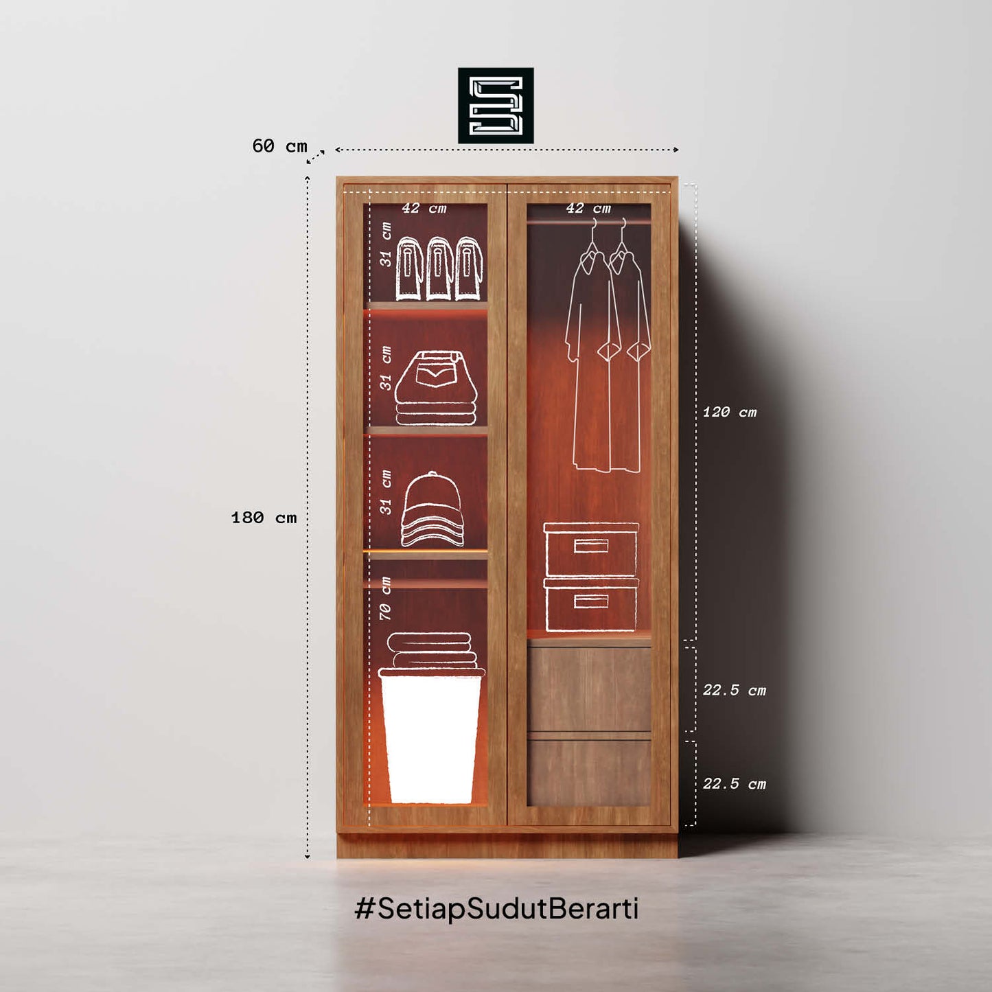 Wadrobe 60x60x180 Dengan Kaca Transparan